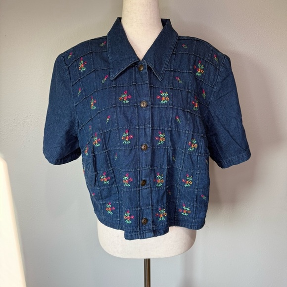 Vintage Olivia Rose Embroidered Denim Cropped Shirt - Picture 1 of 5